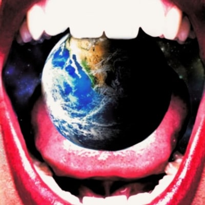 The earth is held between the teeth of an open mouth - Josh and Tom Devour the World